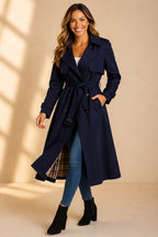 Damen langer Trenchcoat mit Zweireiher, Taillengürtel und kariertem Innenfutter