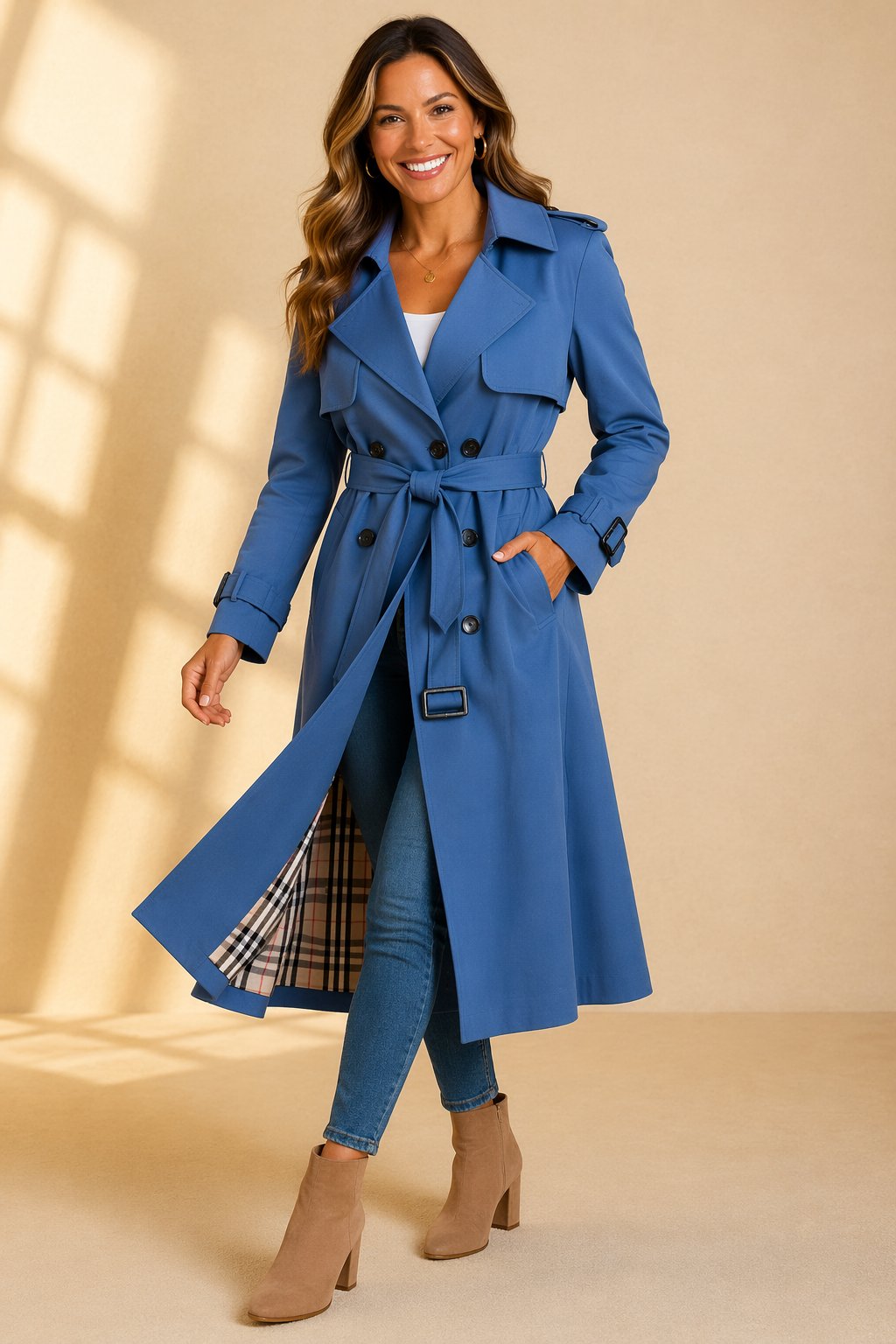 Damen langer Trenchcoat mit Zweireiher, Taillengürtel und kariertem Innenfutter