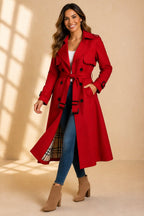 Damen langer Trenchcoat mit Zweireiher, Taillengürtel und kariertem Innenfutter