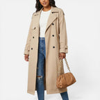 Damen langer Trenchcoat mit zweireihigem Knopfverschluss