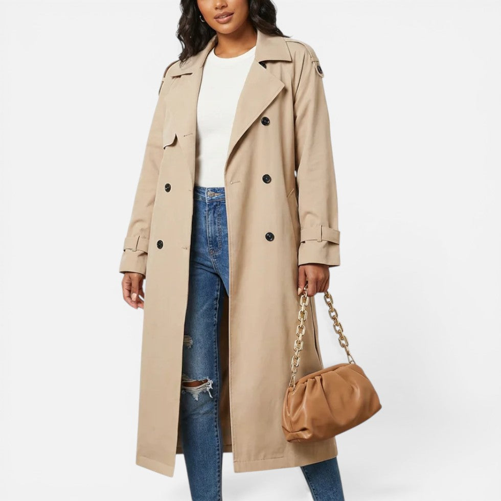 Damen langer Trenchcoat mit zweireihigem Knopfverschluss