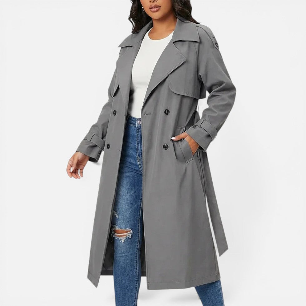 Damen langer Trenchcoat mit zweireihigem Knopfverschluss