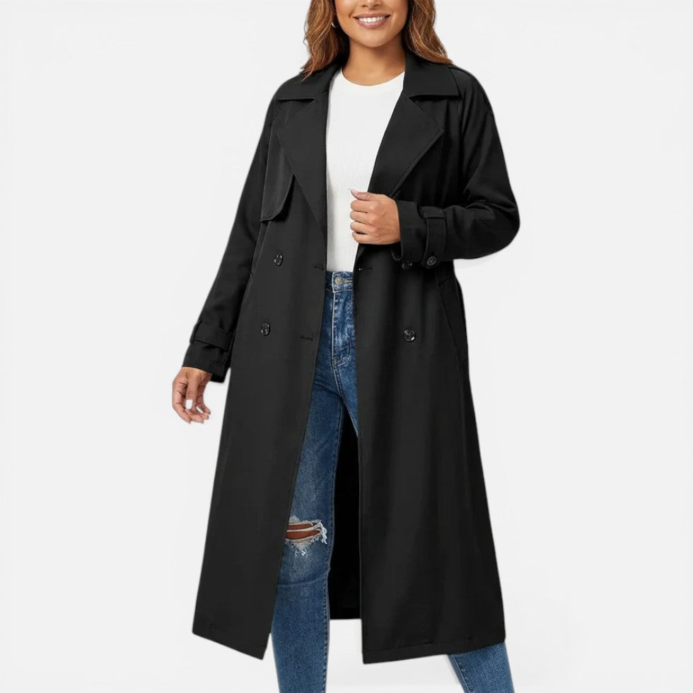 Damen langer Trenchcoat mit zweireihigem Knopfverschluss