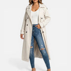 Damen langer Trenchcoat mit zweireihigem Knopfverschluss