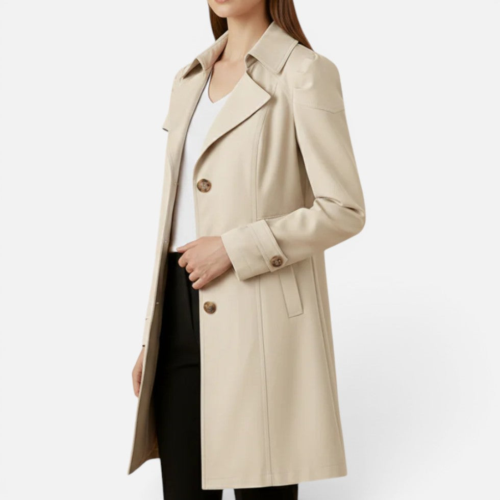 Damen langer Trenchcoat mit zweireihigem Knopfverschluss und weitem Revers