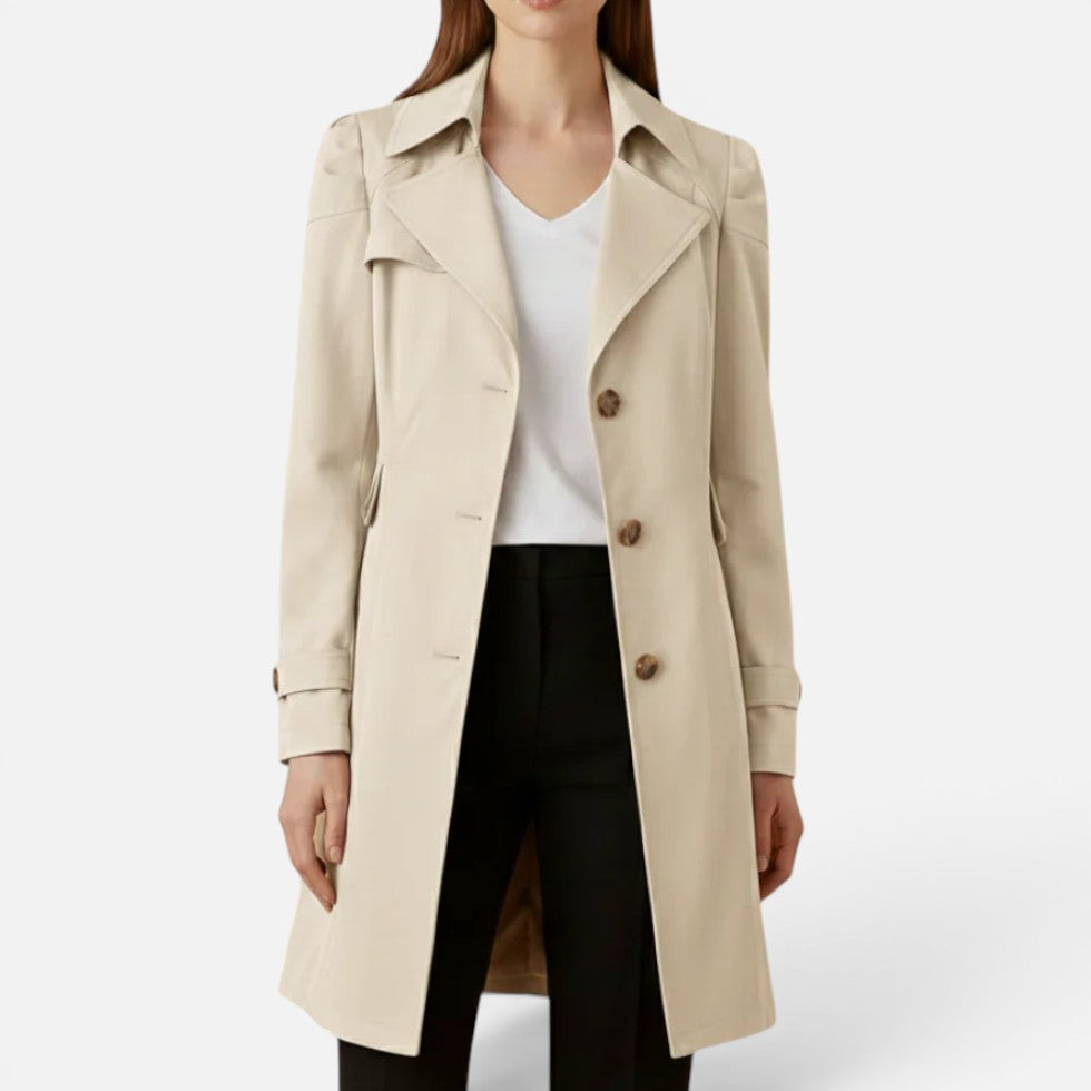 Damen langer Trenchcoat mit zweireihigem Knopfverschluss und weitem Revers