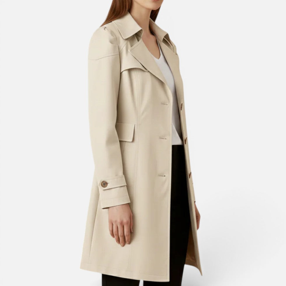 Damen langer Trenchcoat mit zweireihigem Knopfverschluss und weitem Revers