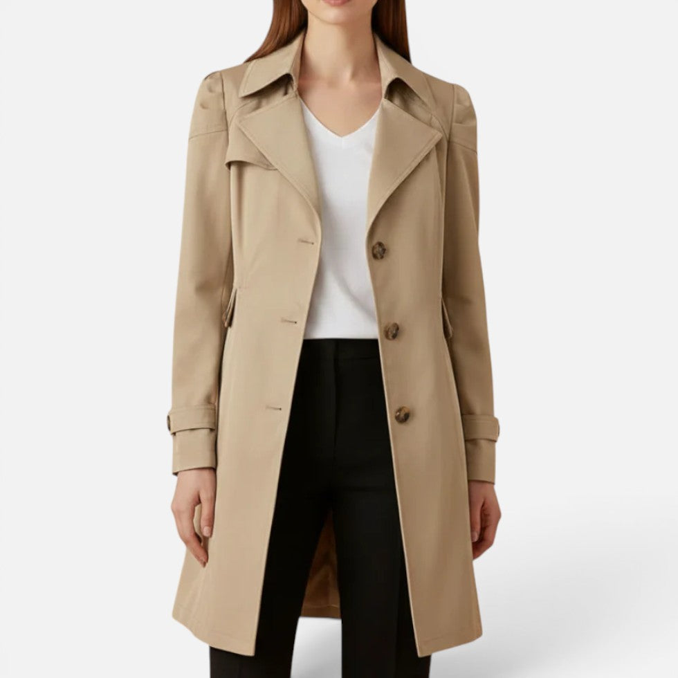 Damen langer Trenchcoat mit zweireihigem Knopfverschluss und weitem Revers