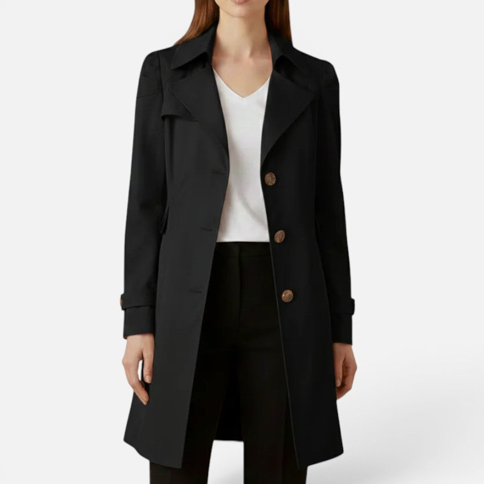 Damen langer Trenchcoat mit zweireihigem Knopfverschluss und weitem Revers