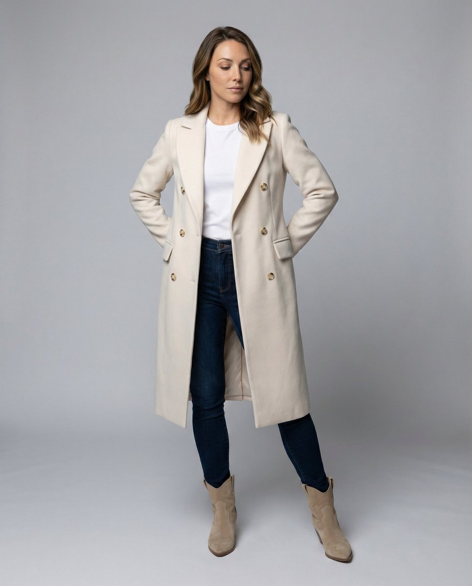 Damen langer Wintermantel mit breitem Revers und goldenen Knöpfen
