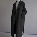 Damen langer Wollmantel mit Revers, Doppelknöpfen und Bindegürtel