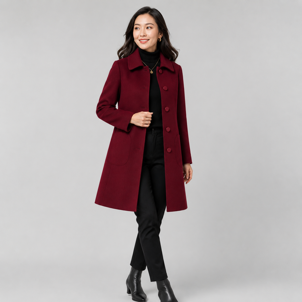 Damen Wollmantel Knielang – Eleganter Wintermantel aus Wollmischung mit Knopfleiste