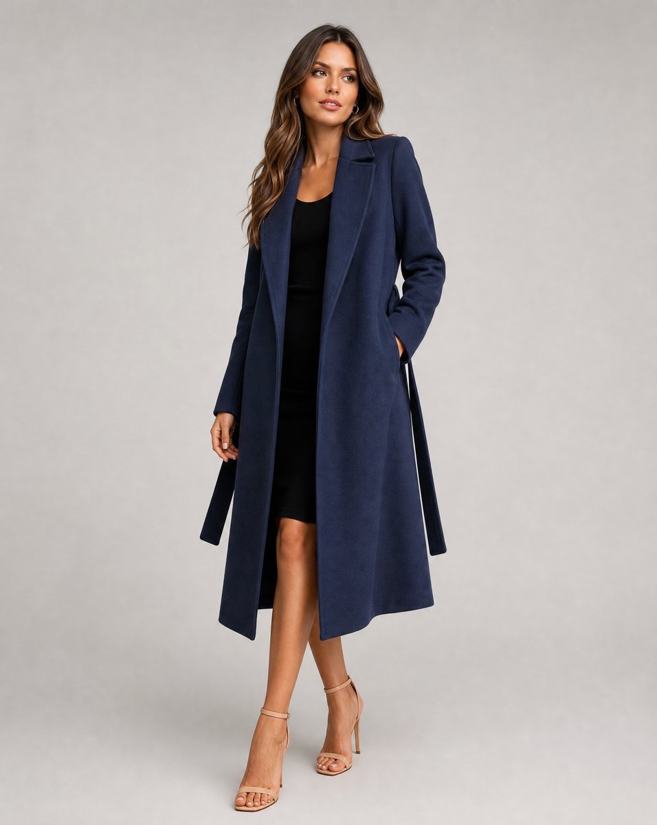 Damen langer Wollmix-Trenchcoat mit Reverskragen und Bindegürtel