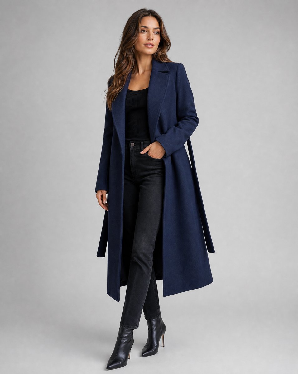 Damen langer Wollmix-Trenchcoat mit Reverskragen und Bindegürtel