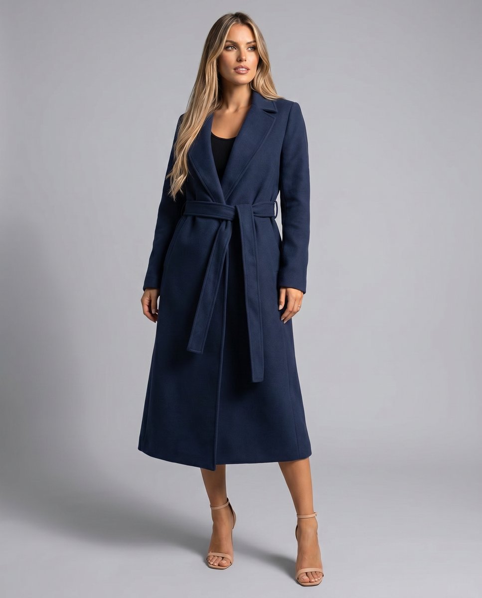 Damen langer Wollmix-Trenchcoat mit Reverskragen und Bindegürtel