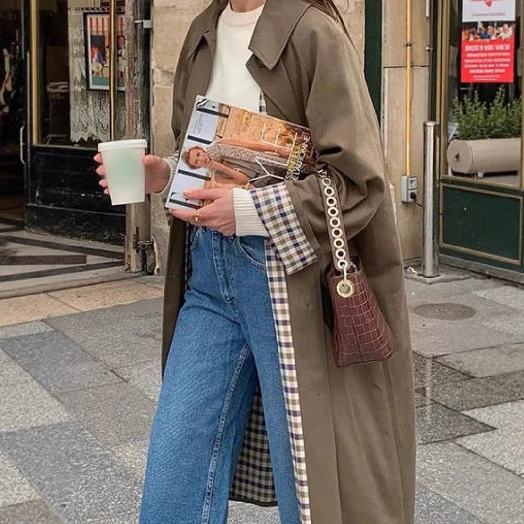 Damen langer karierter Oversized-Trenchcoat mit Reverskragen und Seitentaschen
