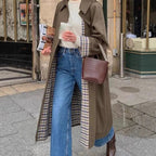Damen langer karierter Oversized-Trenchcoat mit Reverskragen und Seitentaschen