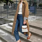 Damen langer karierter Oversized-Trenchcoat mit Reverskragen und Seitentaschen