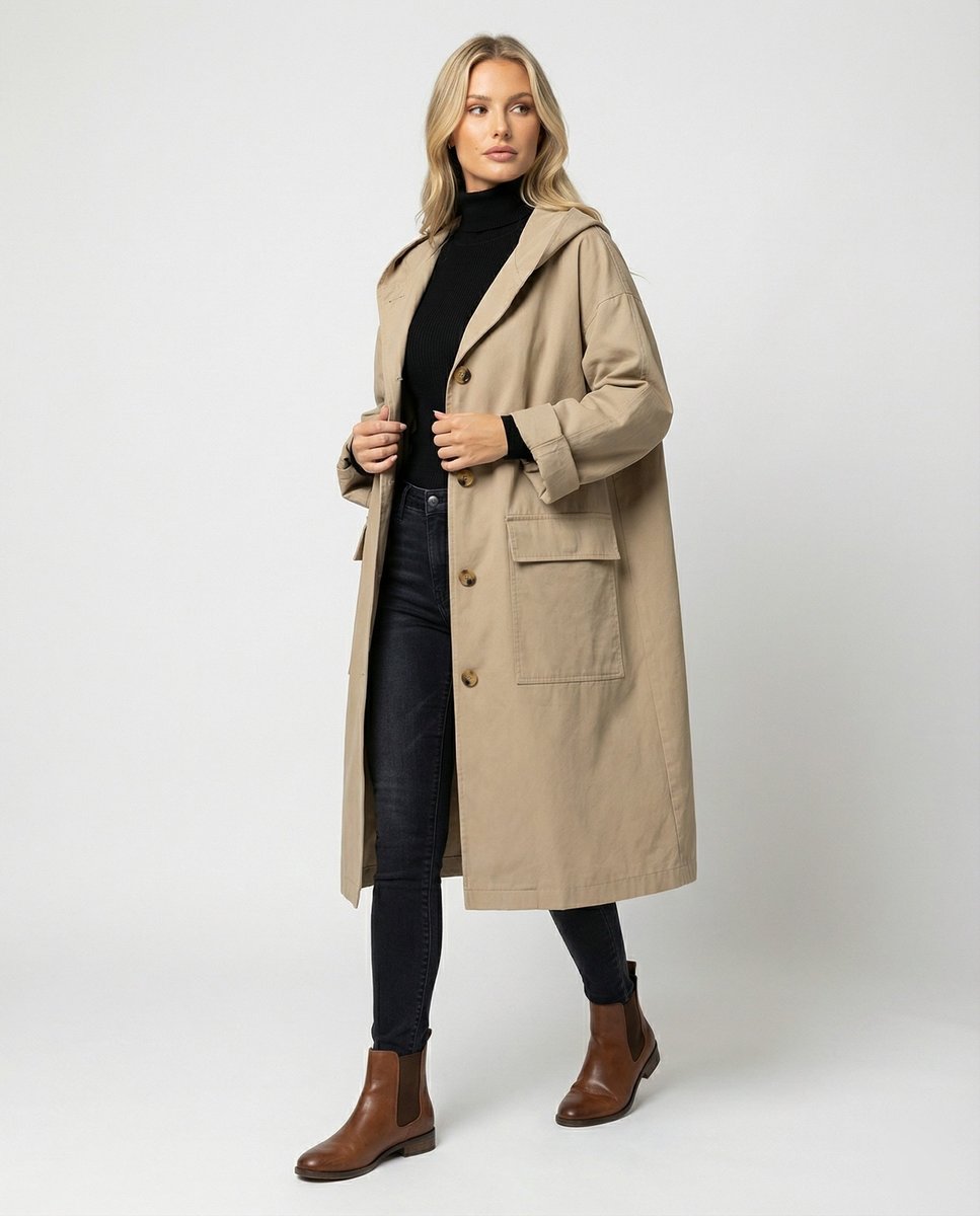 Damen langer wasser- und windabweisender Trenchcoat mit Kapuze und aufgesetzten Taschen