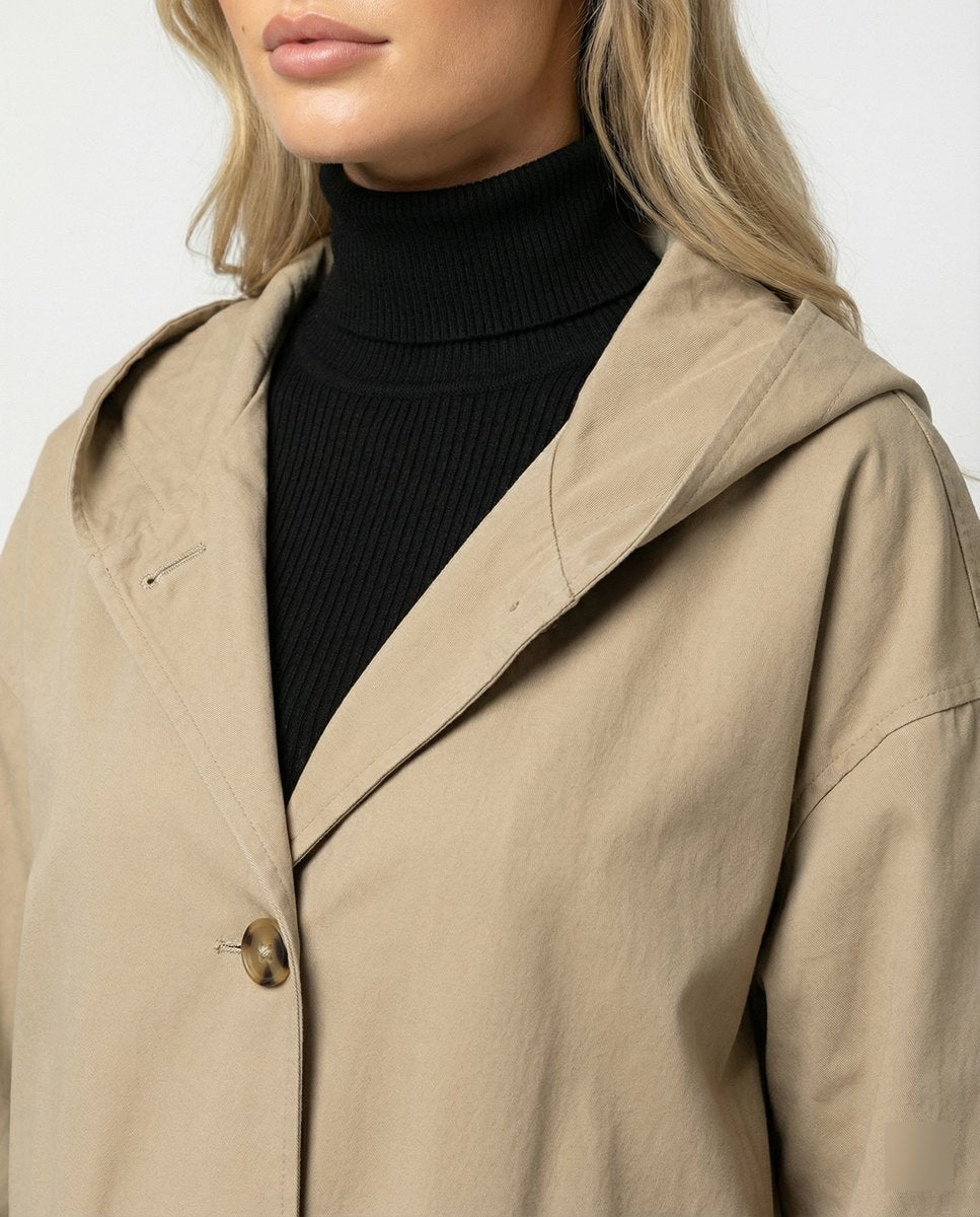 Damen langer wasser- und windabweisender Trenchcoat mit Kapuze und aufgesetzten Taschen
