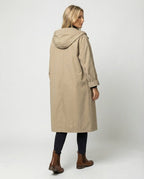 Damen langer wasser- und windabweisender Trenchcoat mit Kapuze und aufgesetzten Taschen