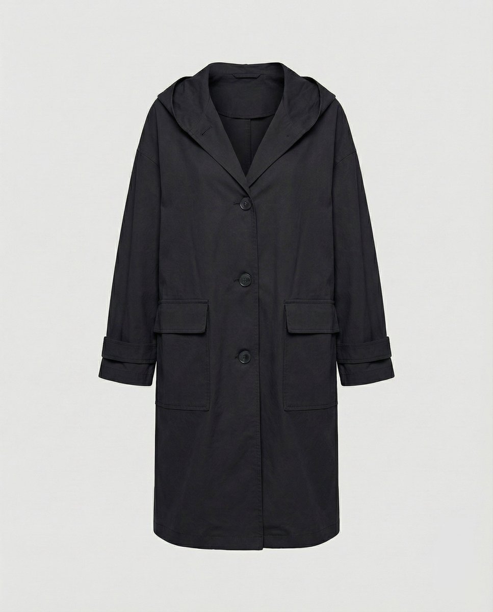 Damen langer wasser- und windabweisender Trenchcoat mit Kapuze und aufgesetzten Taschen