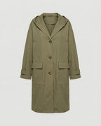 Damen langer wasser- und windabweisender Trenchcoat mit Kapuze und aufgesetzten Taschen
