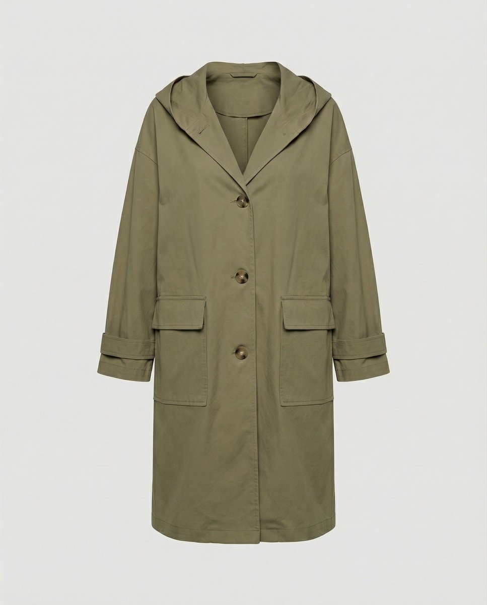Damen langer wasser- und windabweisender Trenchcoat mit Kapuze und aufgesetzten Taschen