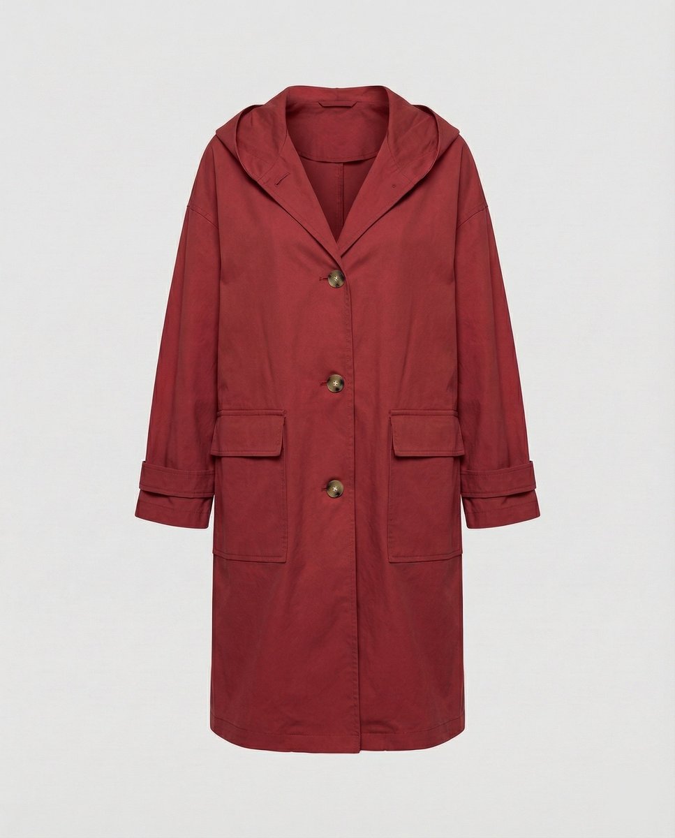 Damen langer wasser- und windabweisender Trenchcoat mit Kapuze und aufgesetzten Taschen