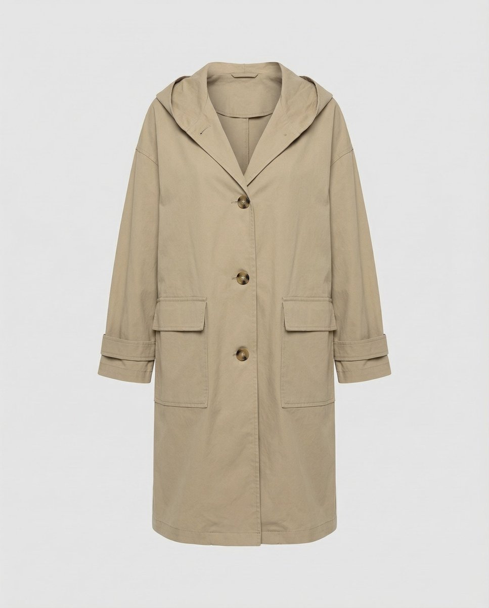 Damen langer wasser- und windabweisender Trenchcoat mit Kapuze und aufgesetzten Taschen