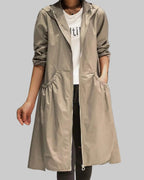 Damen langer wasserabweisender Kapuzen-Trenchcoat aus Polyester mit Reißverschluss