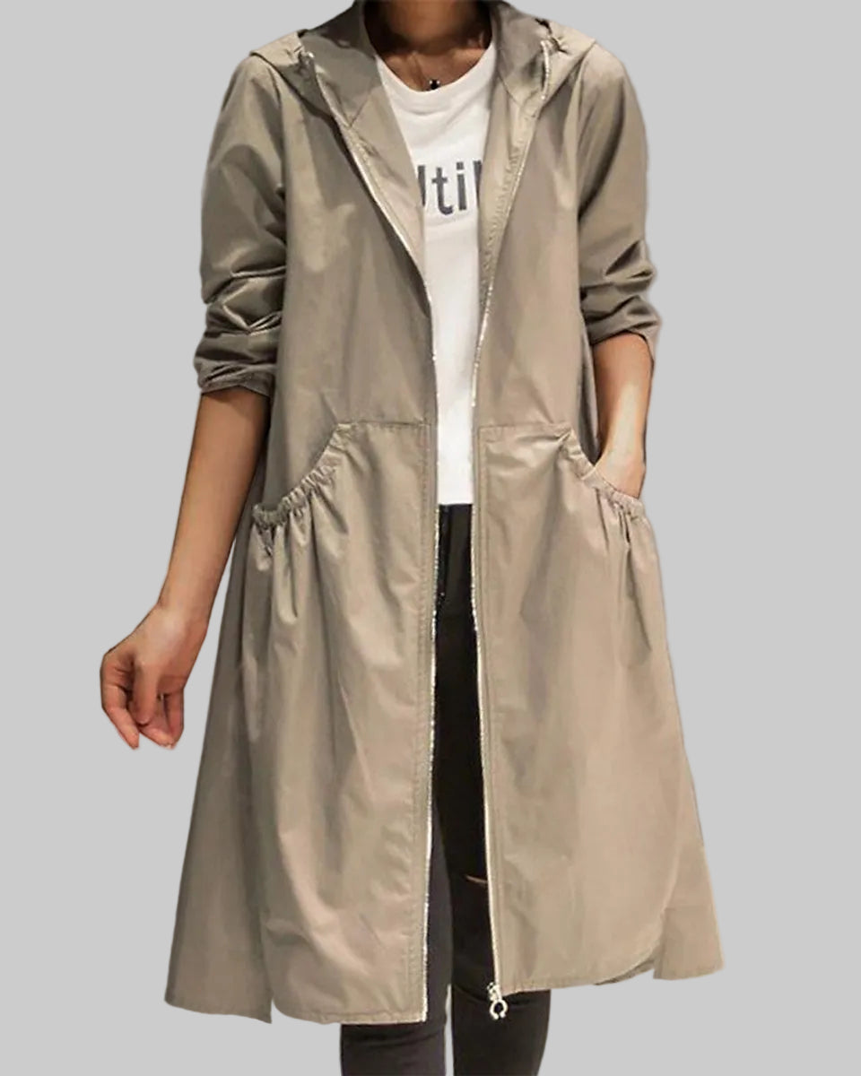 Damen langer wasserabweisender Kapuzen-Trenchcoat aus Polyester mit Reißverschluss