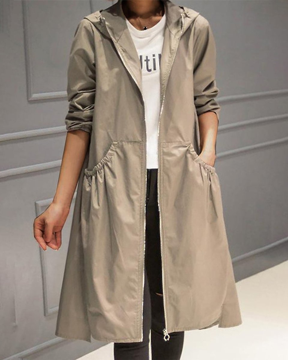 Damen langer wasserabweisender Kapuzen-Trenchcoat aus Polyester mit Reißverschluss