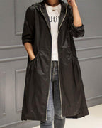 Damen langer wasserabweisender Kapuzen-Trenchcoat aus Polyester mit Reißverschluss