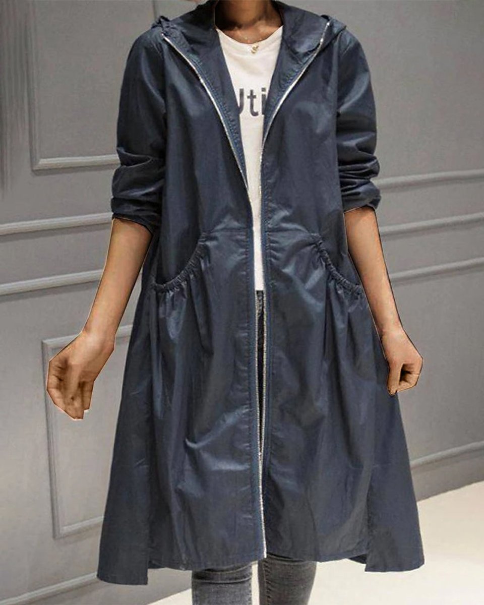 Damen langer wasserabweisender Kapuzen-Trenchcoat aus Polyester mit Reißverschluss
