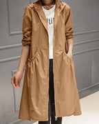 Damen langer wasserabweisender Kapuzen-Trenchcoat aus Polyester mit Reißverschluss