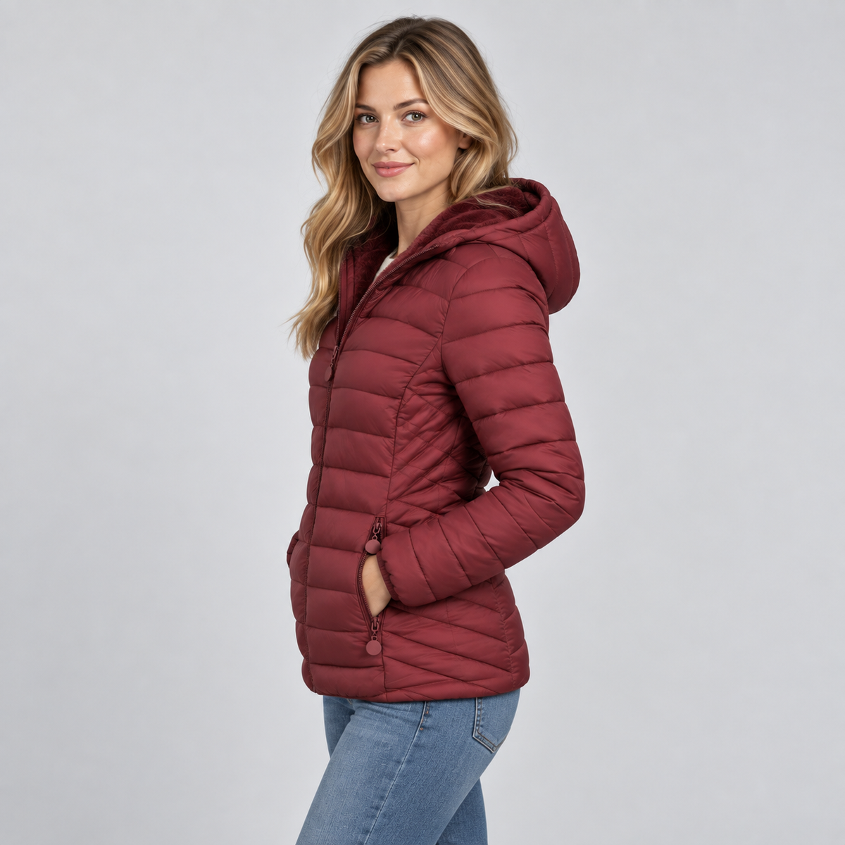 Damen Leichte Steppjacke mit Kapuze – Gesteppte Übergangsjacke mit Seitentaschen, Herbst Winter