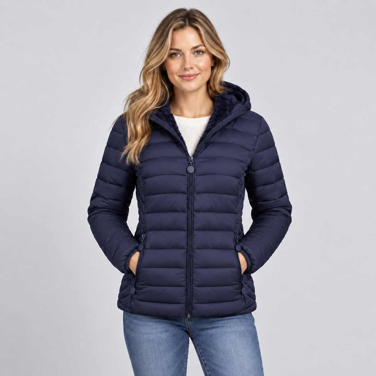 Damen Leichte Steppjacke mit Kapuze – Gesteppte Übergangsjacke mit Seitentaschen, Herbst Winter