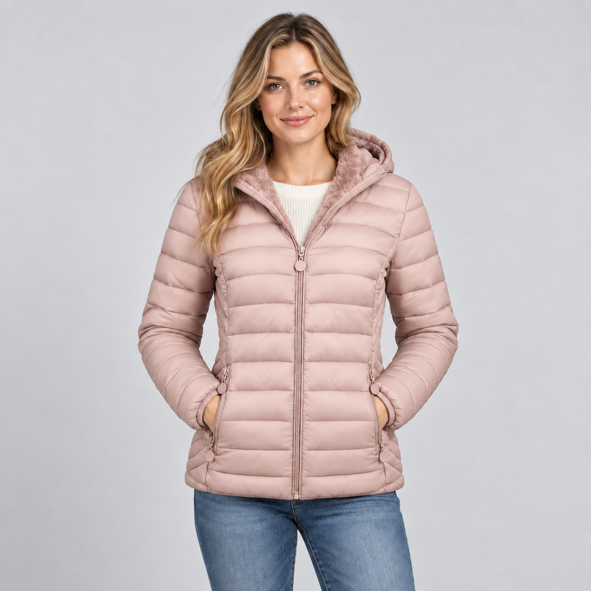 Damen Leichte Steppjacke mit Kapuze – Gesteppte Übergangsjacke mit Seitentaschen, Herbst Winter