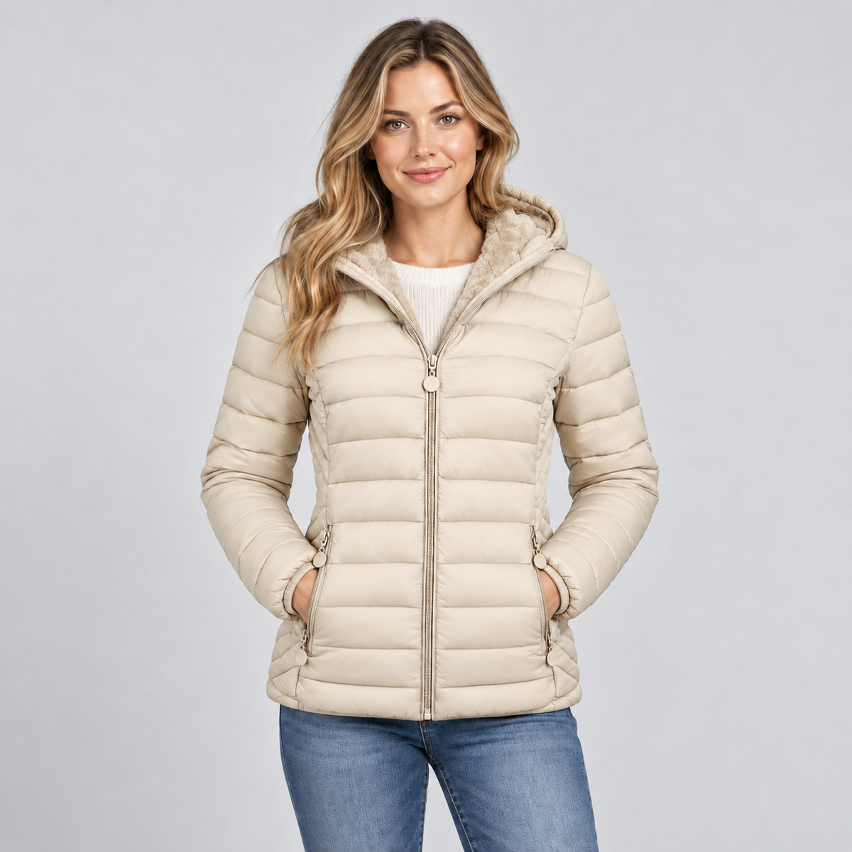 Damen Leichte Steppjacke mit Kapuze – Gesteppte Übergangsjacke mit Seitentaschen, Herbst Winter