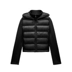Damen Hybrid-Steppjacke Schwarz mit Kapuze – Leichte Jacke mit Stretch-Ärmeln, Herbst Winter