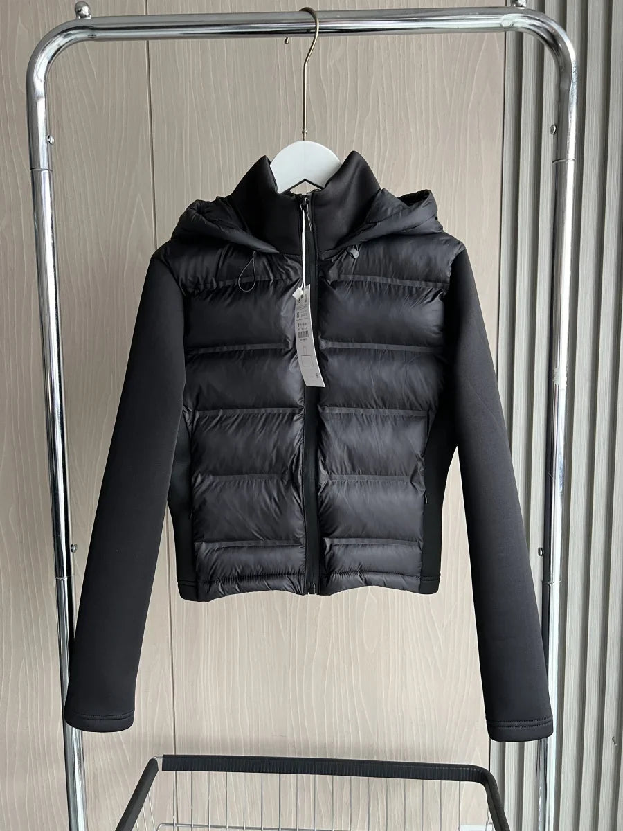 Damen Hybrid-Steppjacke Schwarz mit Kapuze – Leichte Jacke mit Stretch-Ärmeln, Herbst Winter