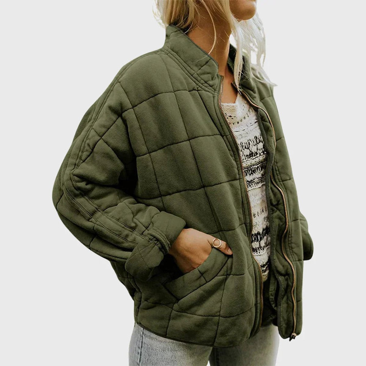 Damen leichte Steppjacke mit Stehkragen, Reißverschluss und Fronttaschen