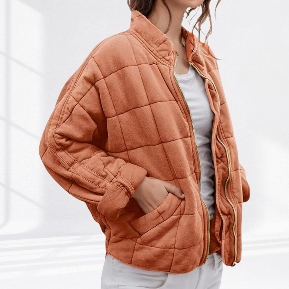 Damen leichte Steppjacke mit Stehkragen, Reißverschluss und Fronttaschen