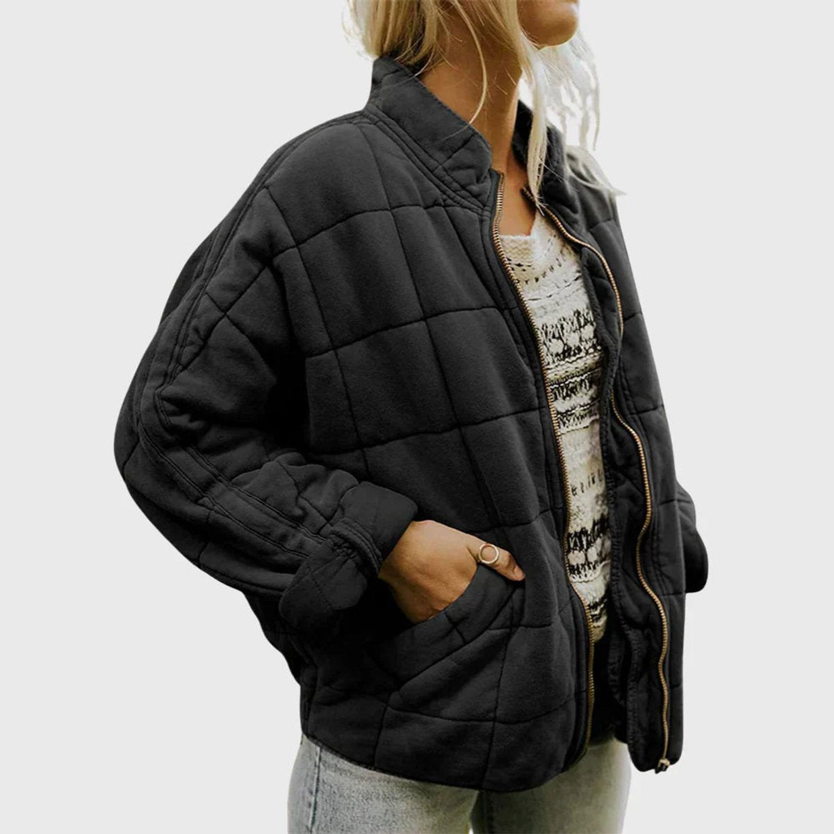 Damen leichte Steppjacke mit Stehkragen, Reißverschluss und Fronttaschen