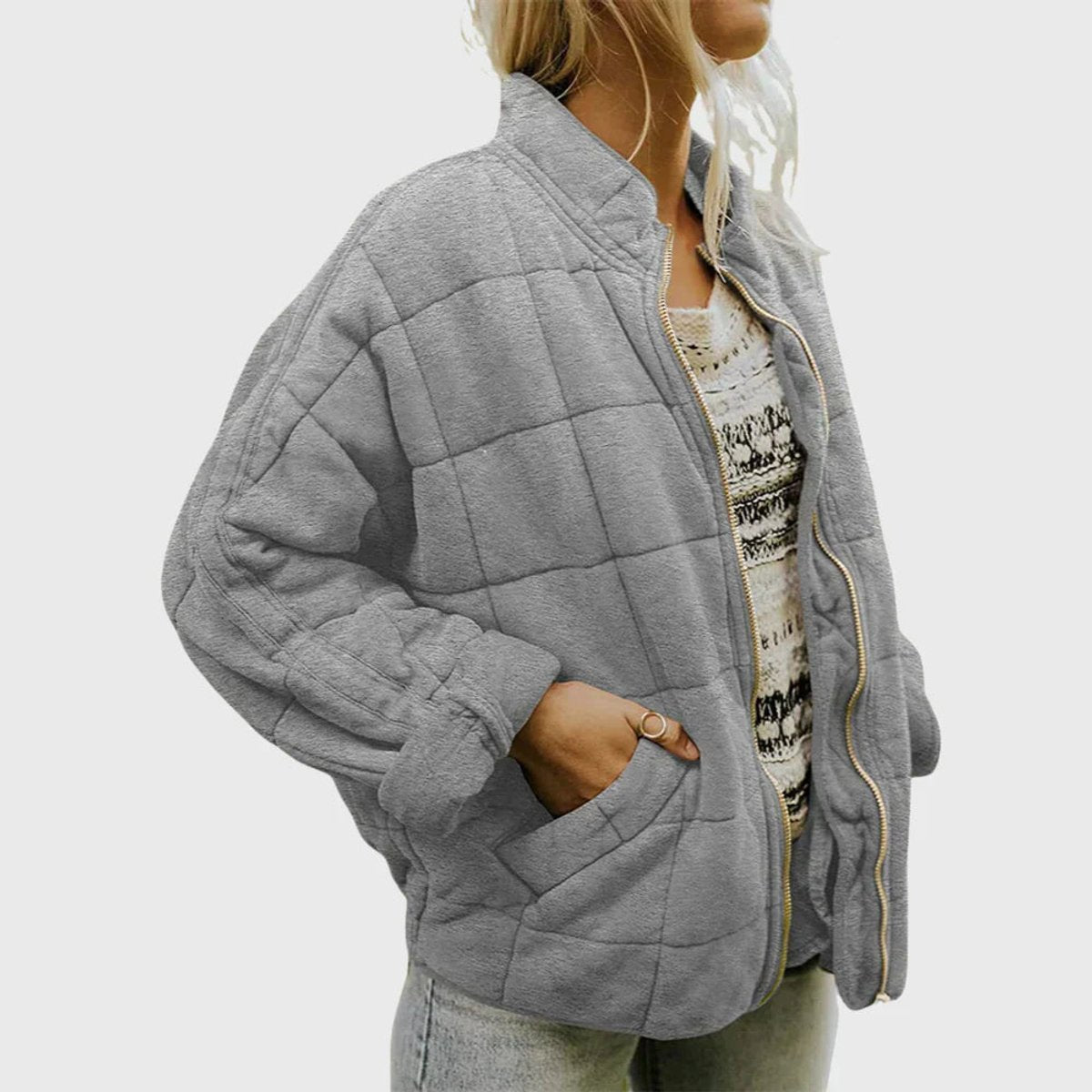 Damen leichte Steppjacke mit Stehkragen, Reißverschluss und Fronttaschen