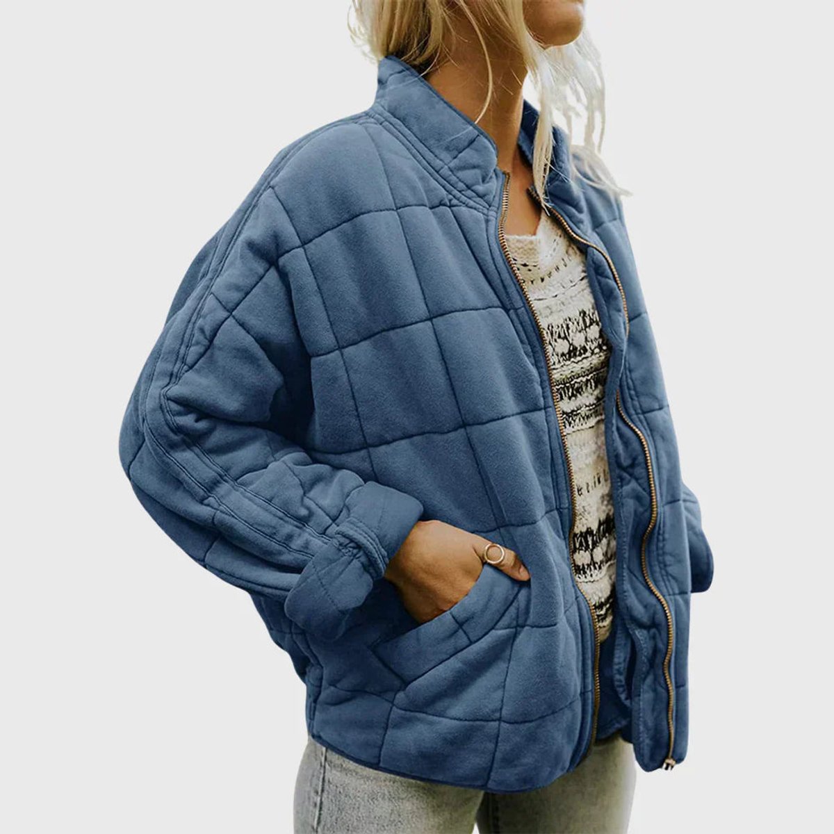 Damen leichte Steppjacke mit Stehkragen, Reißverschluss und Fronttaschen