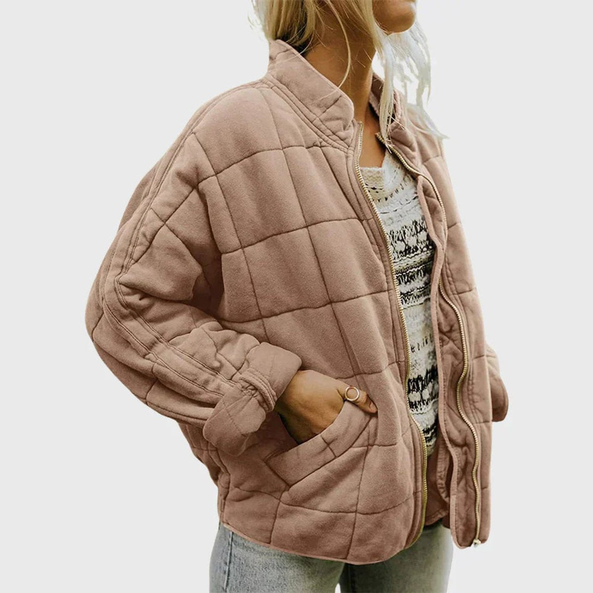 Damen leichte Steppjacke mit Stehkragen, Reißverschluss und Fronttaschen
