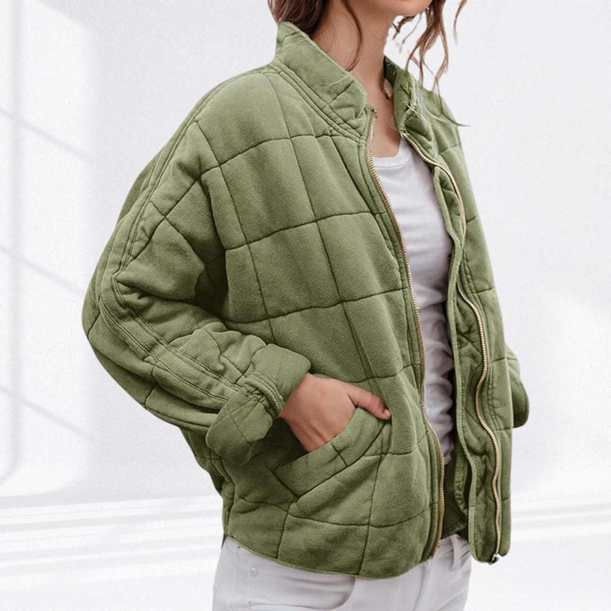 Damen leichte Steppjacke mit Stehkragen, Reißverschluss und Fronttaschen