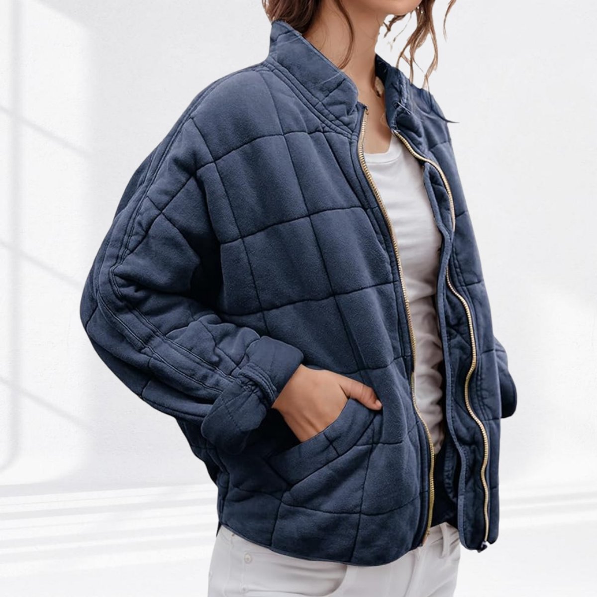 Damen leichte Steppjacke mit Stehkragen, Reißverschluss und Fronttaschen